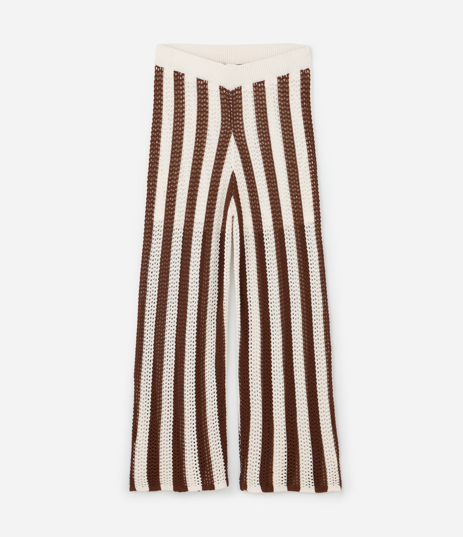 Calça Pantalona em Tricô Listrada Curve & Plus Size Off White/Marrom 1