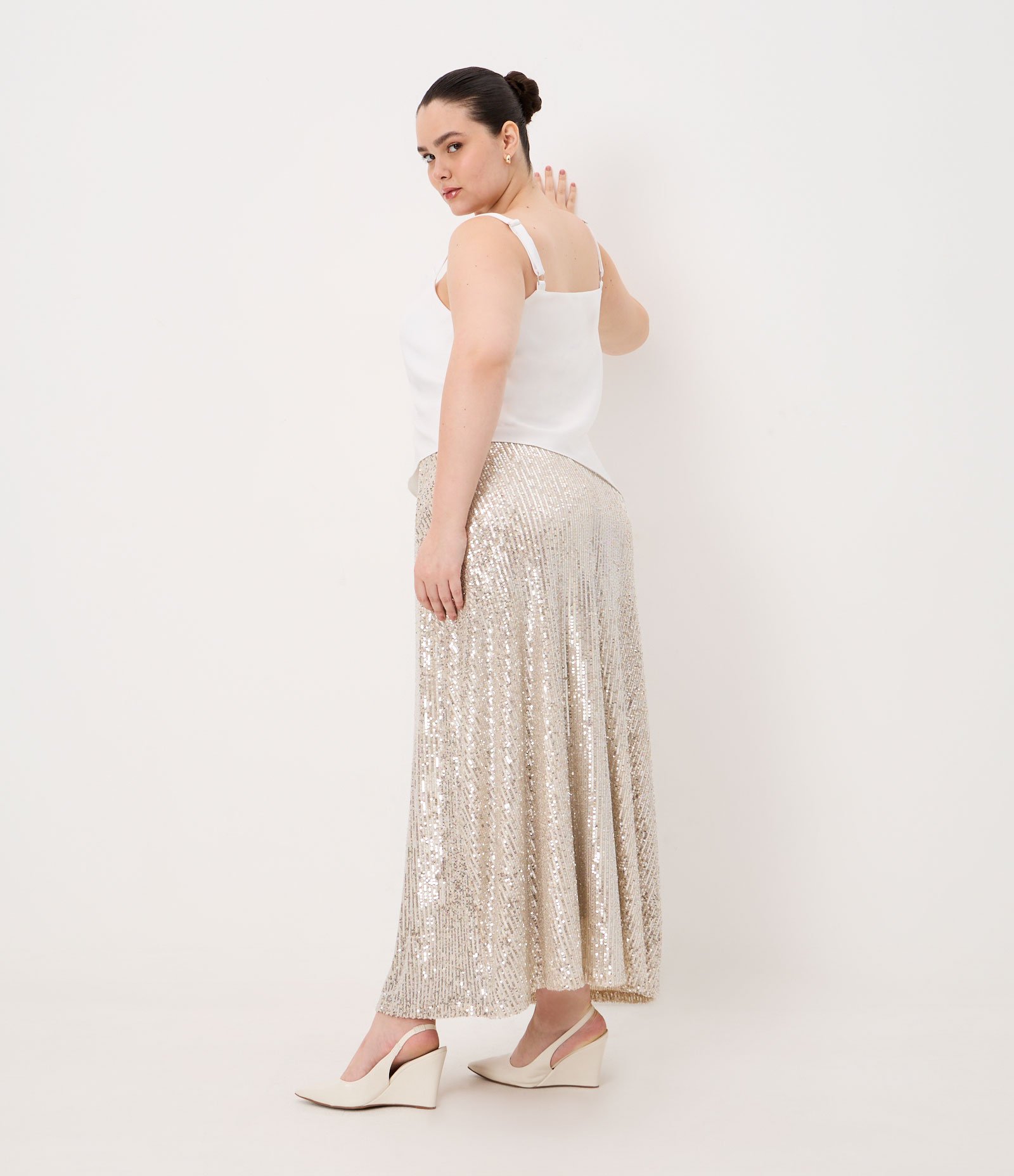 Saia Midi em Paetê Curve & Plus Size Champagne 3