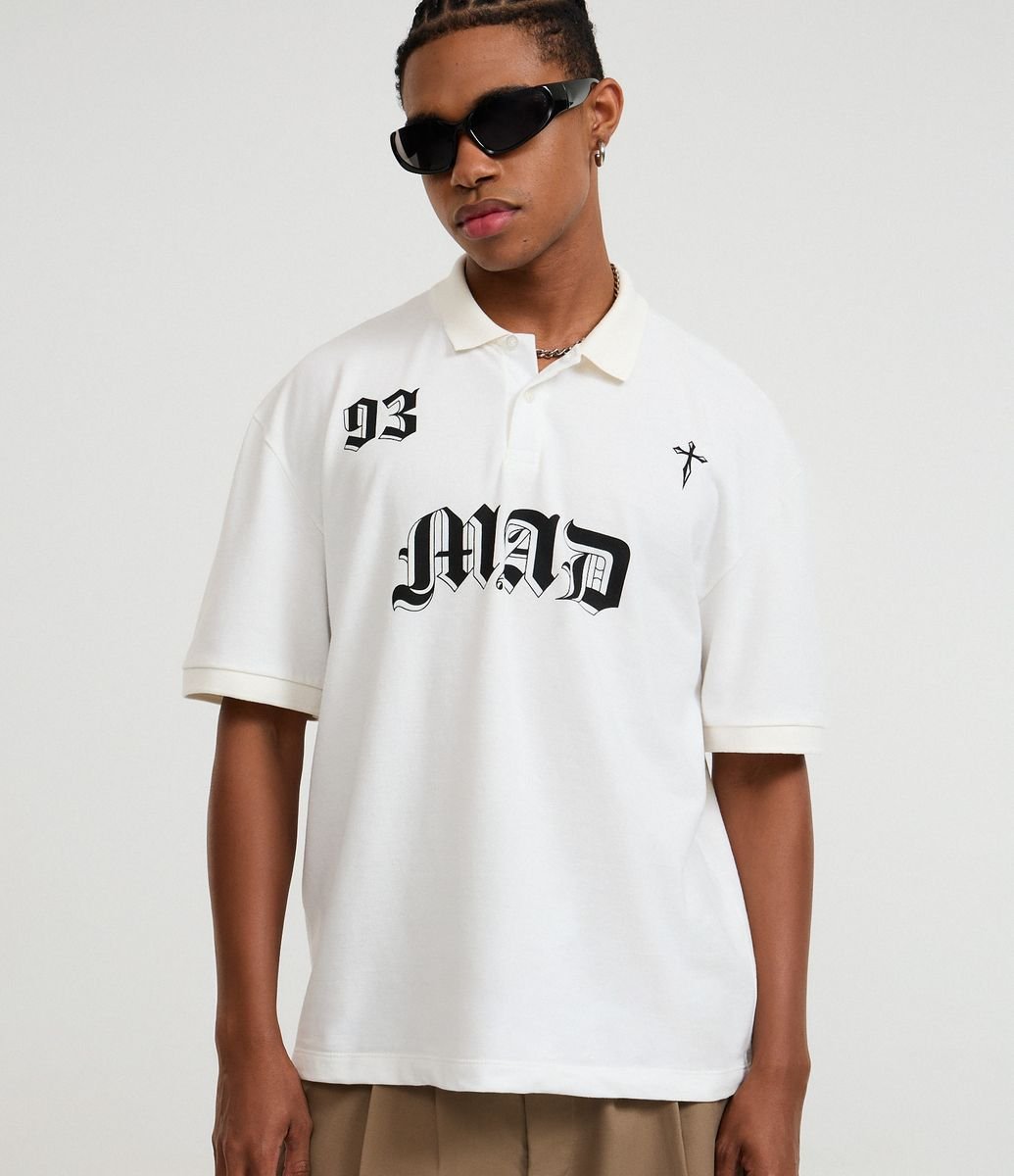 Camiseta Boxy em Algodão com Gola Polo Lettering 93 Mad Branco