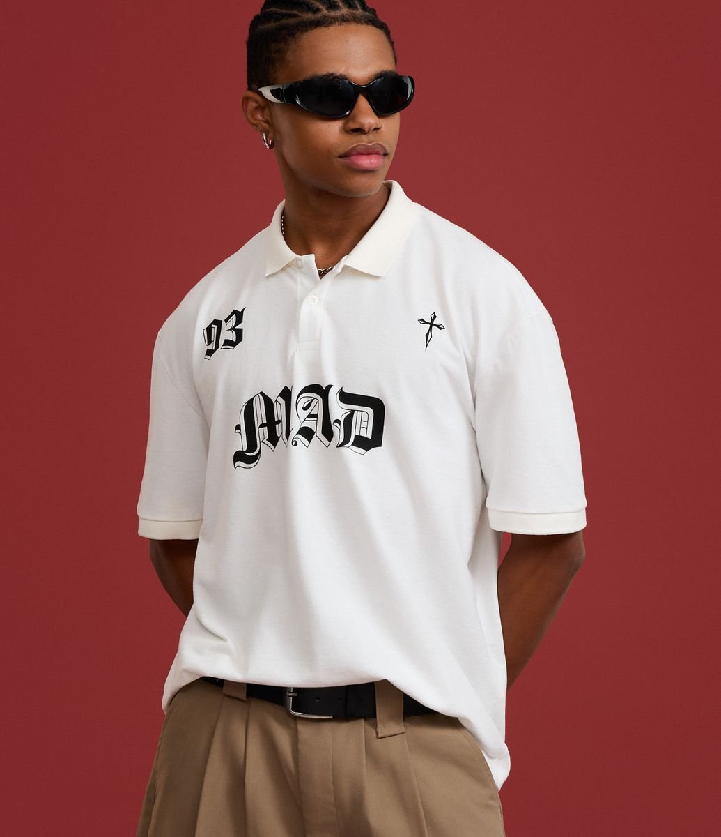 Camiseta Boxy em Algodão com Gola Polo Lettering 93 Mad Branco