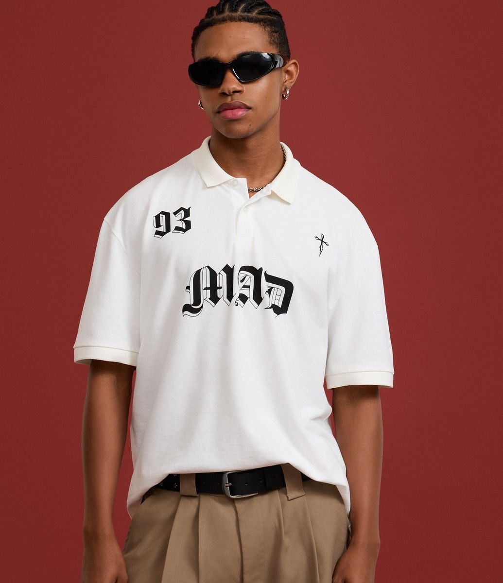 Camiseta Boxy em Algodão com Gola Polo Lettering 93 Mad Branco