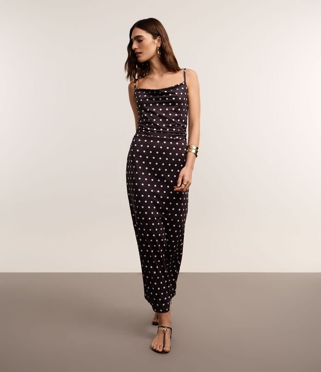 Vestido Evasê Midi em Microfibra com Estampa Poá