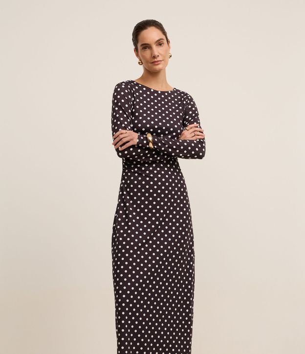 Vestido Evasê Midi em Microfibra com Estampa Poá