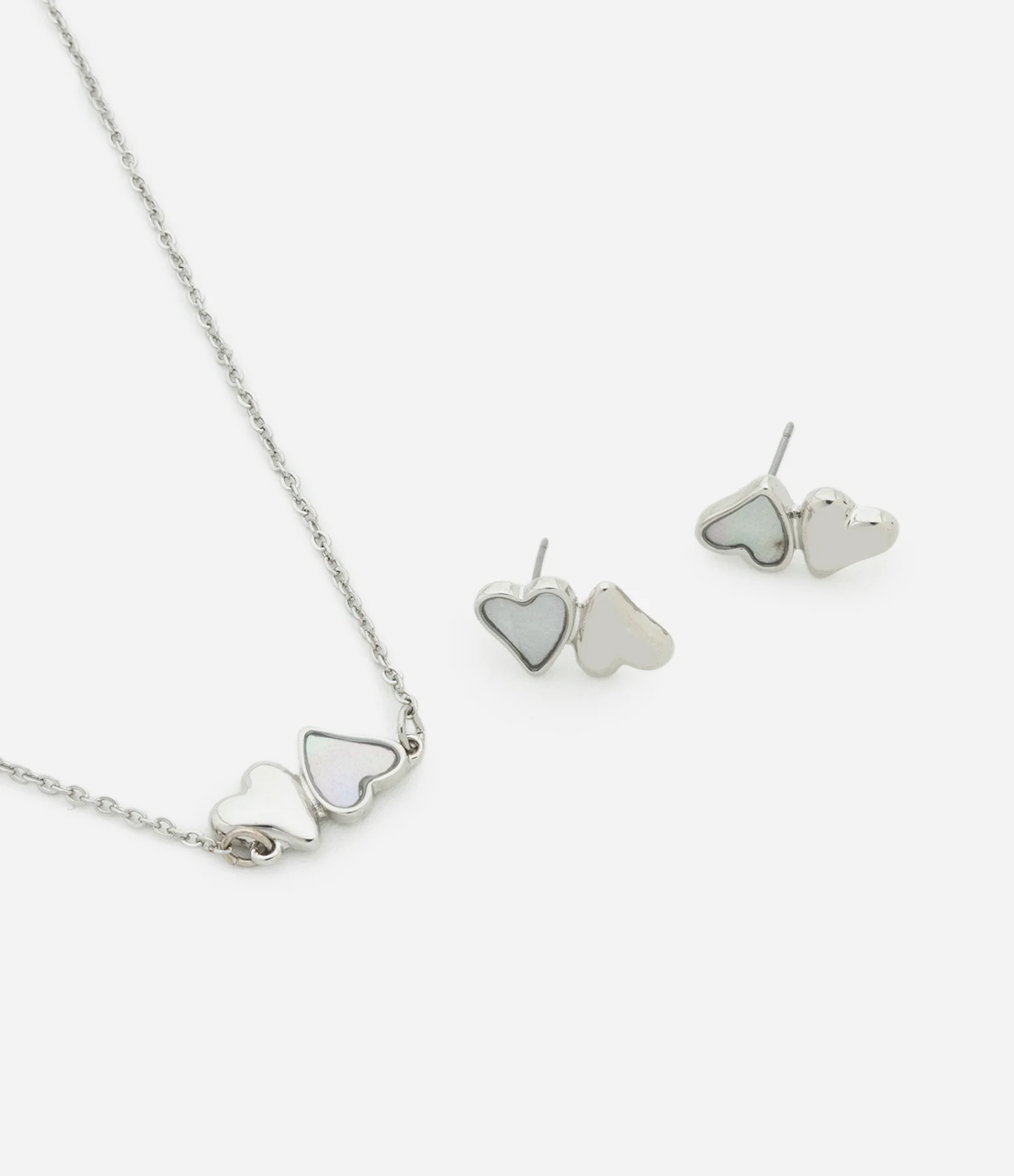 Conjunto de Colar Curto com Corações e Brincos com com Corações Duplos Prata 1