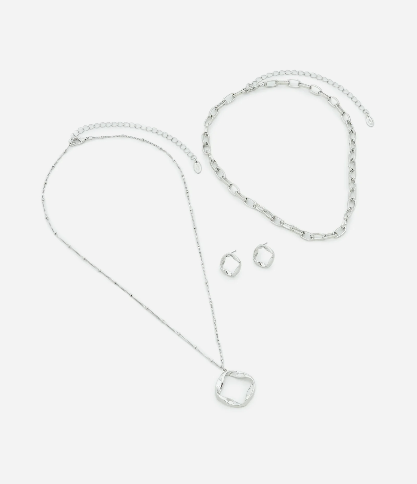 Conjunto de Colar Camadas com Pingente Orgânico e Brinco Argola Frontal Prata 2