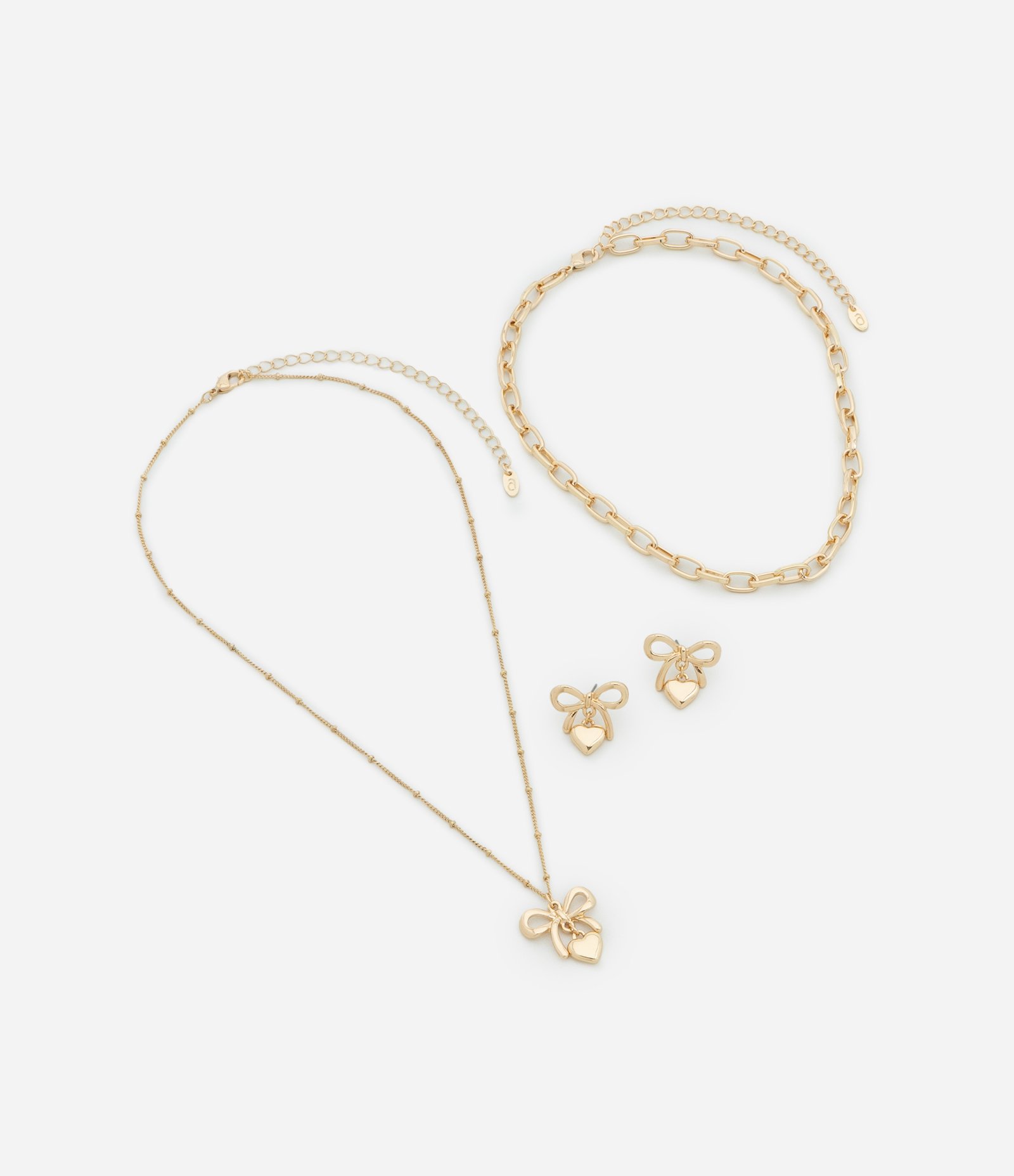 Conjunto de Colar Camadas e Brinco com Pingente de Laço e Coração Dourado 2