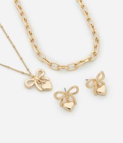 Conjunto de Colar Camadas e Brinco com Pingente de Laço e Coração