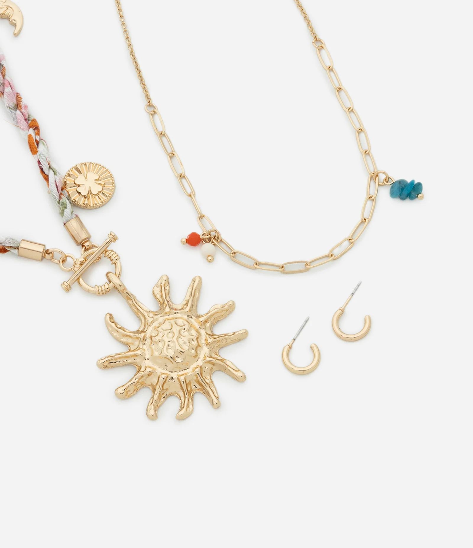 Conjunto de Colar Camadas com Corrente Trançada com Brinco Argola Dourado 1