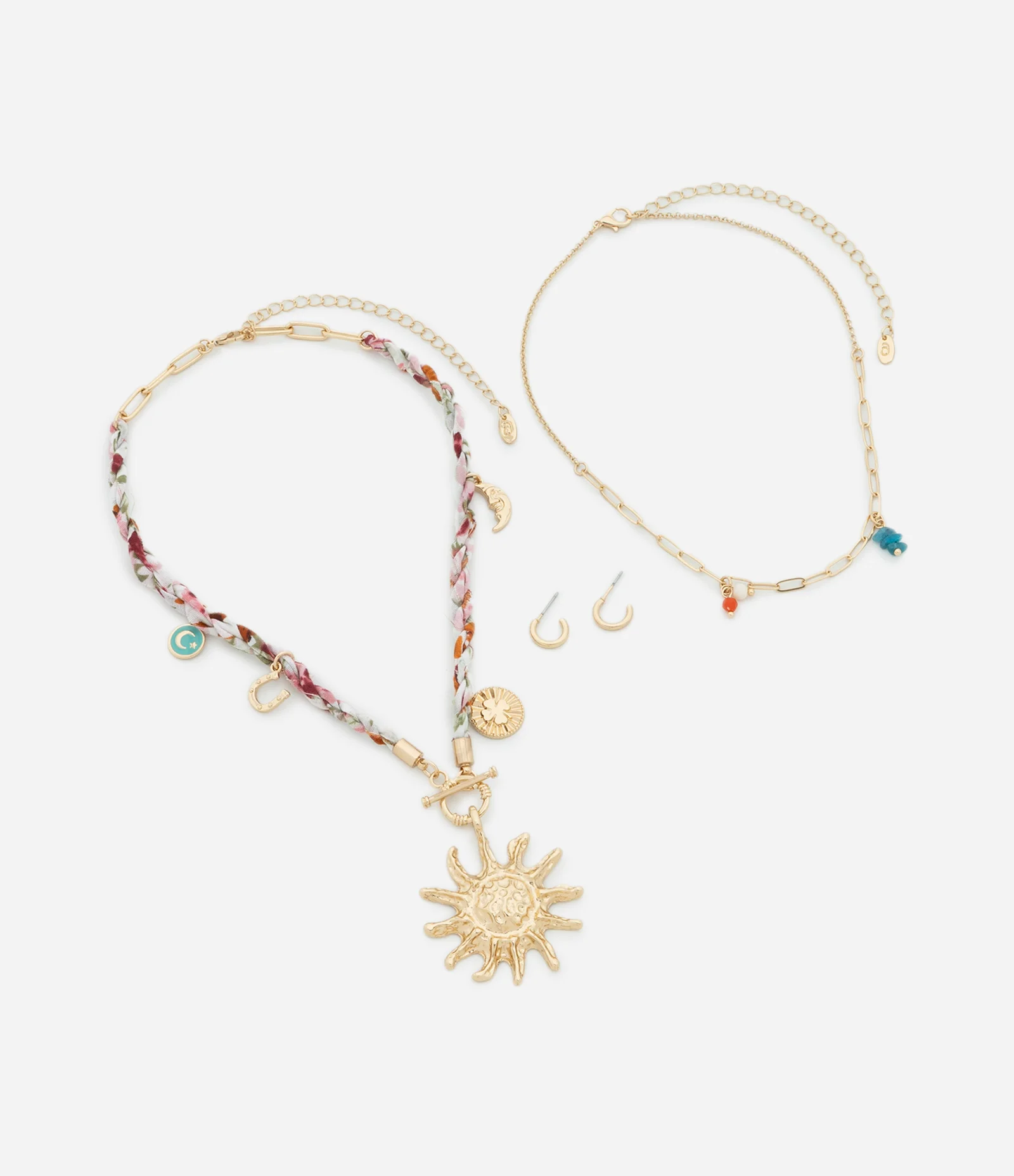 Conjunto de Colar Camadas com Corrente Trançada com Brinco Argola Dourado 2