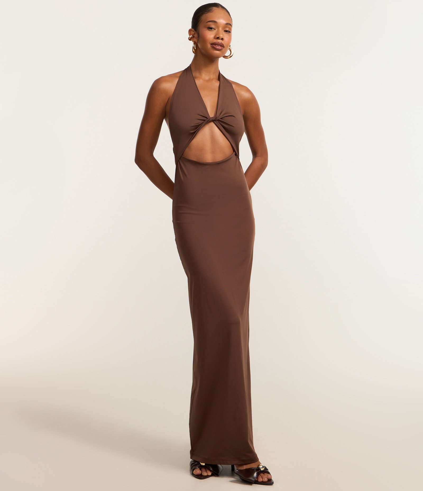 Vestido New Midi em Jersey Frente Única Marrom 1