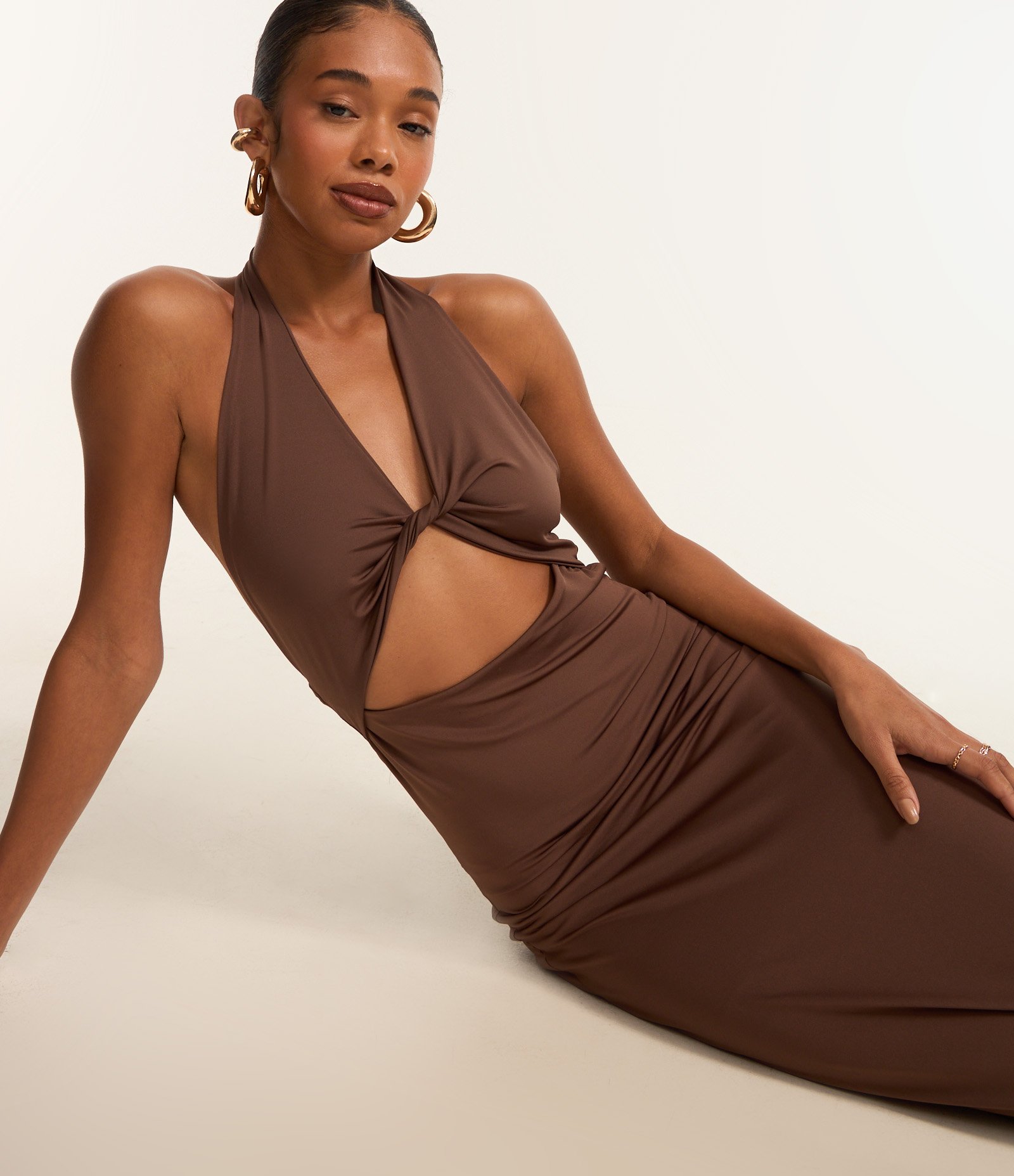 Vestido New Midi em Jersey Frente Única Marrom 2