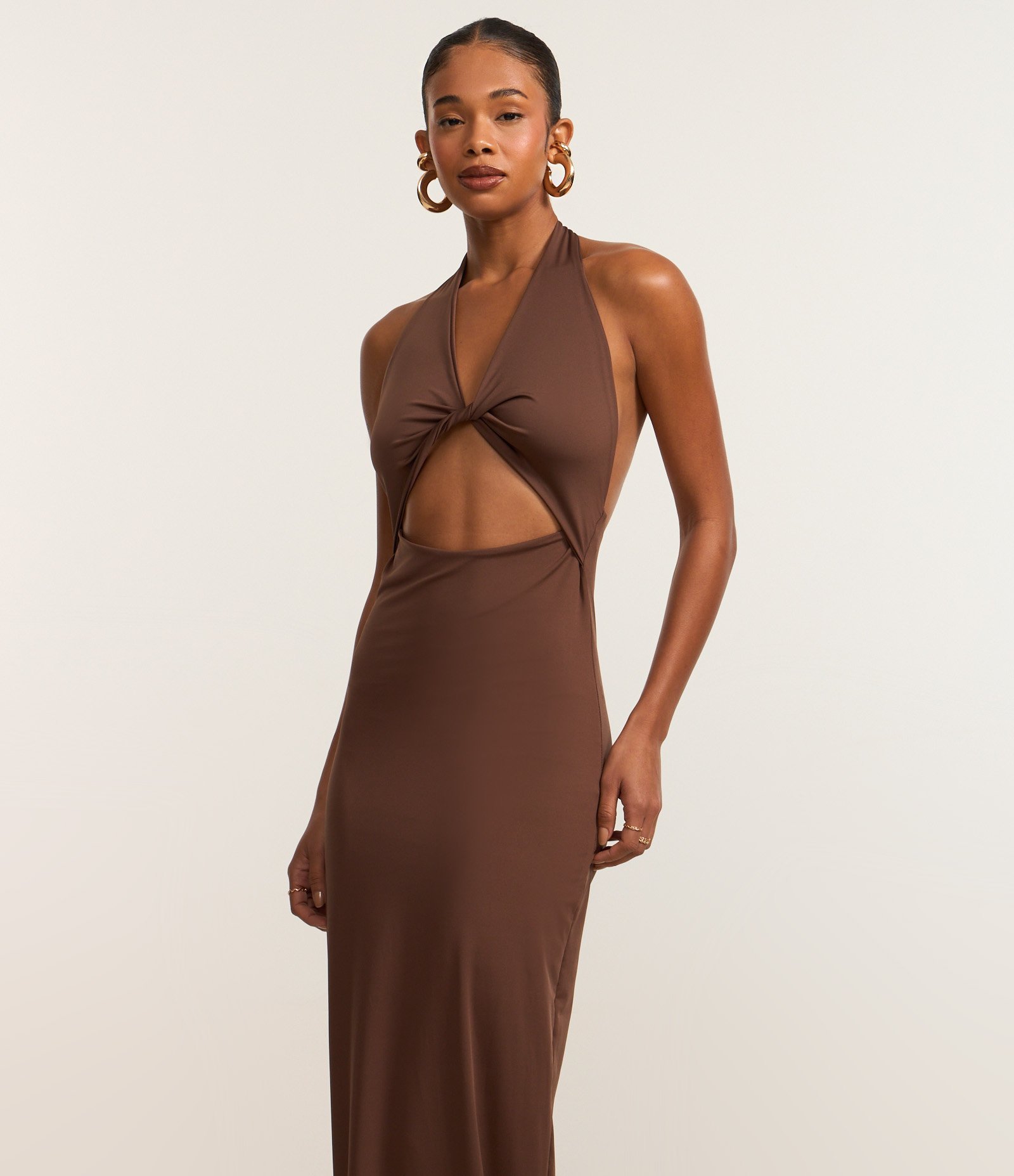 Vestido New Midi em Jersey Frente Única Marrom 3