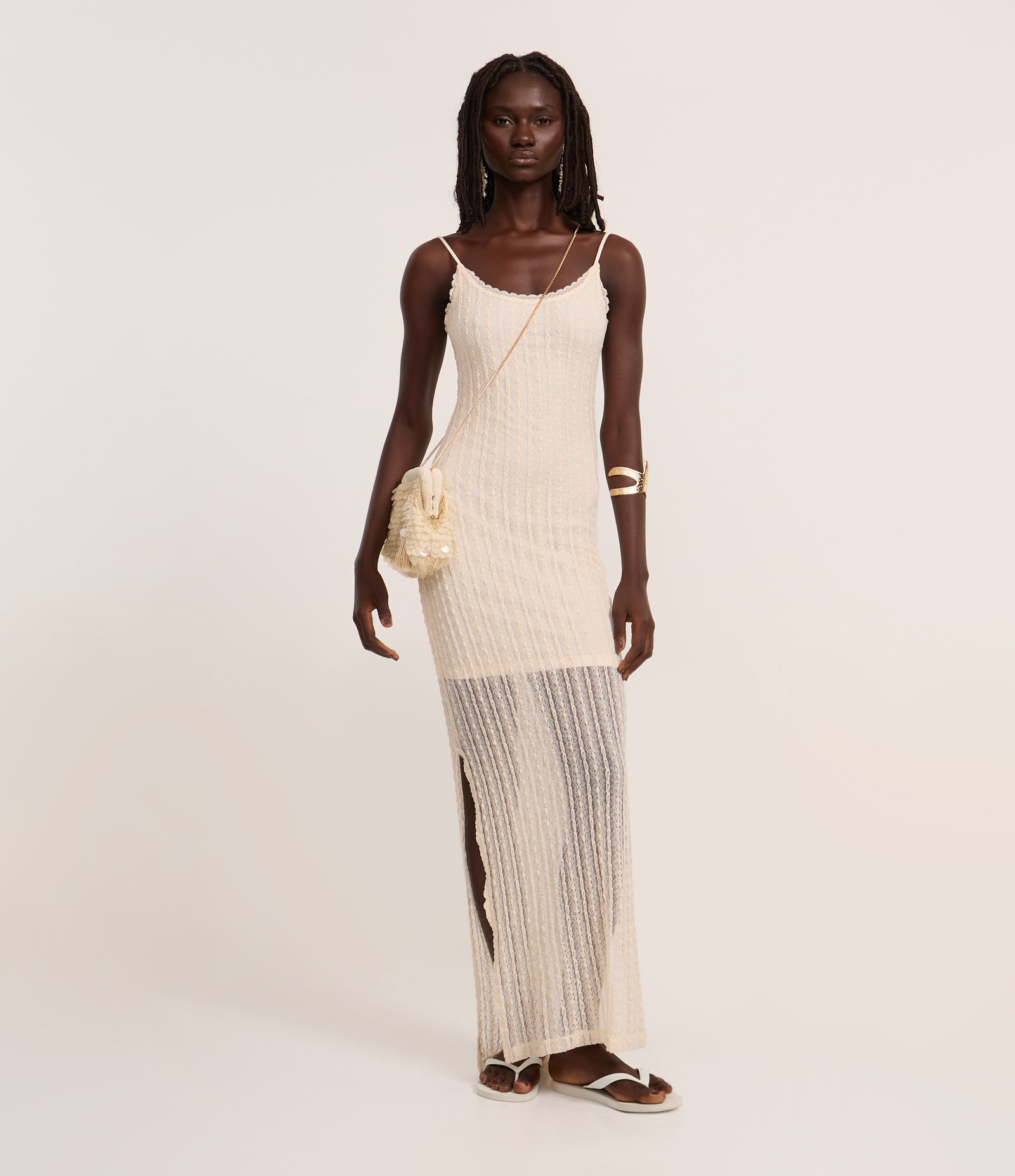 Vestido Long Midi em Renda com Alcinha Off White 1