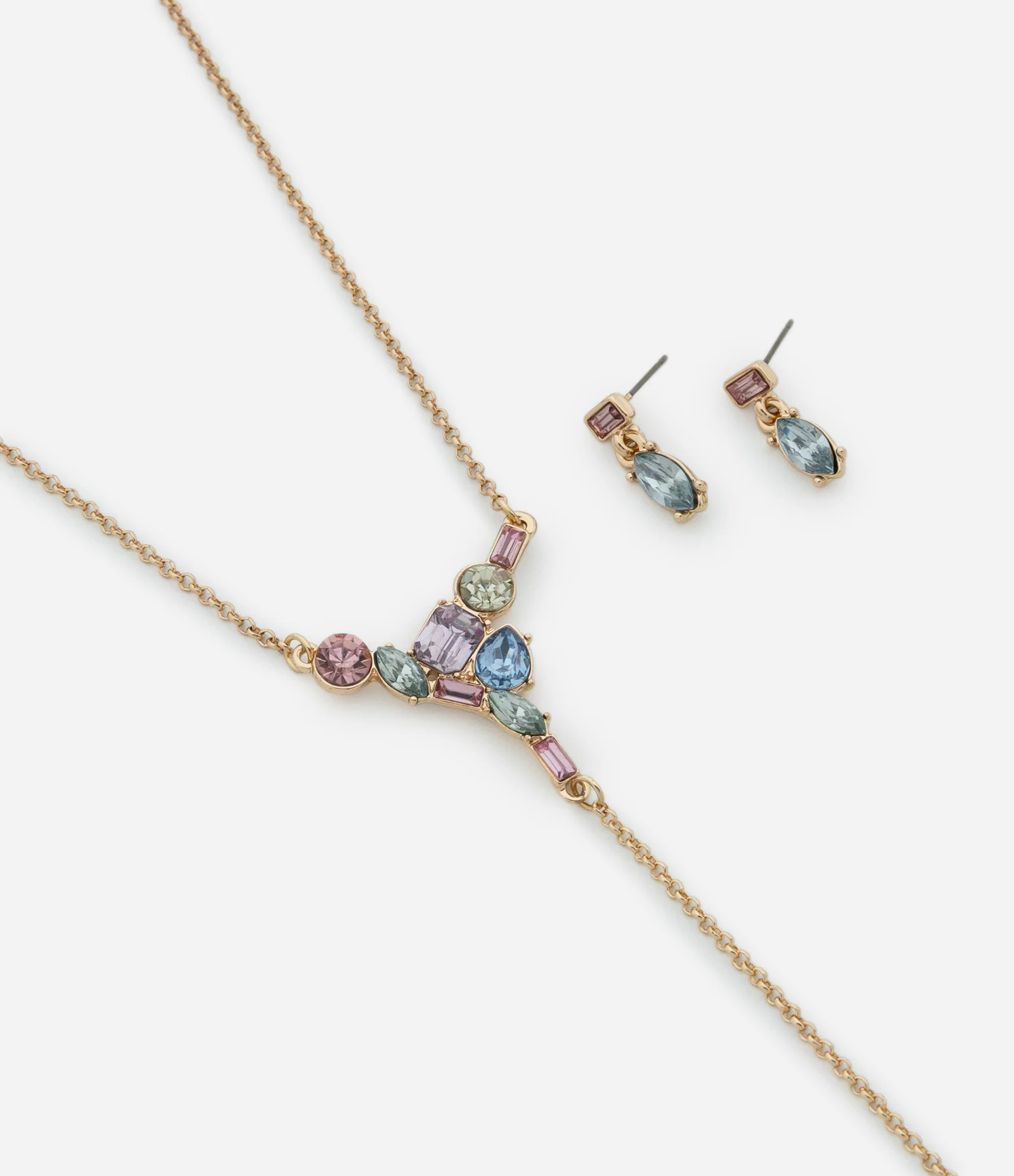 Conjunto de Colar Gravatinha com Strass e Brinco de Strass Dourado 1