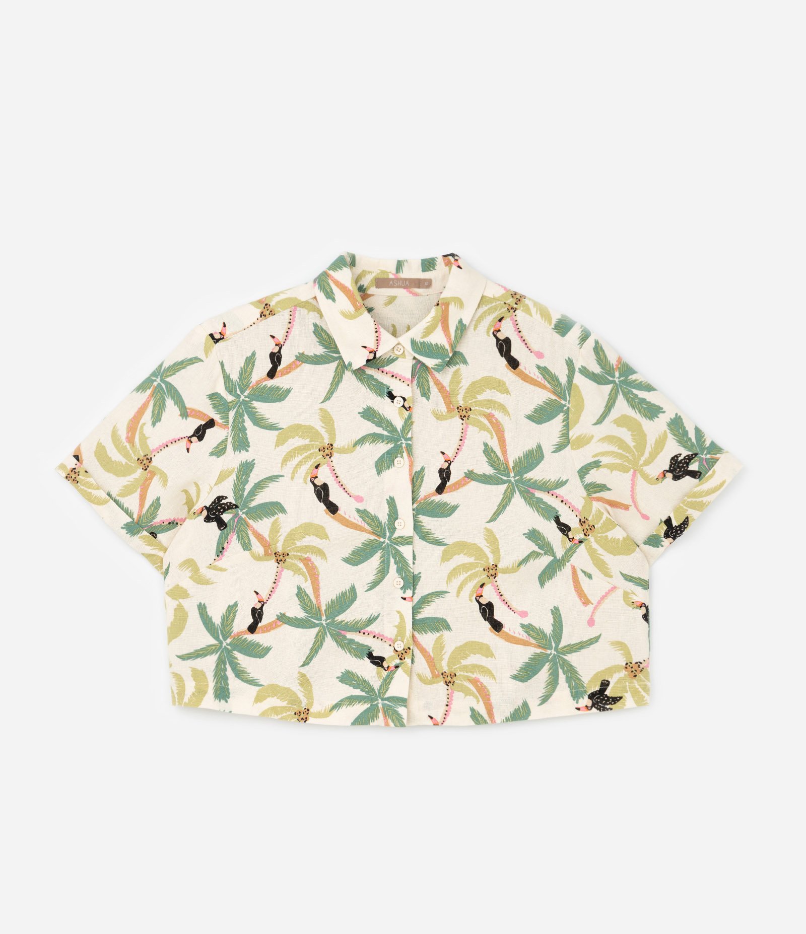 Camisa em Viscolinho com Estampa Tropical com Botões Curve & Plus Size Bege 5