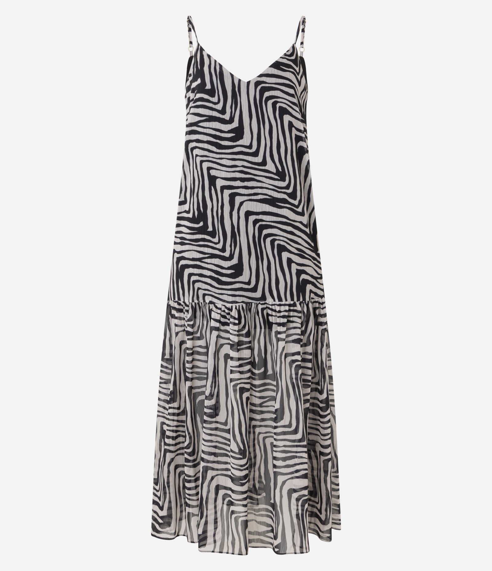 Vestido Evasê em Crepe com Alça Fina e Estampa Zebra Preto/Cinza 9
