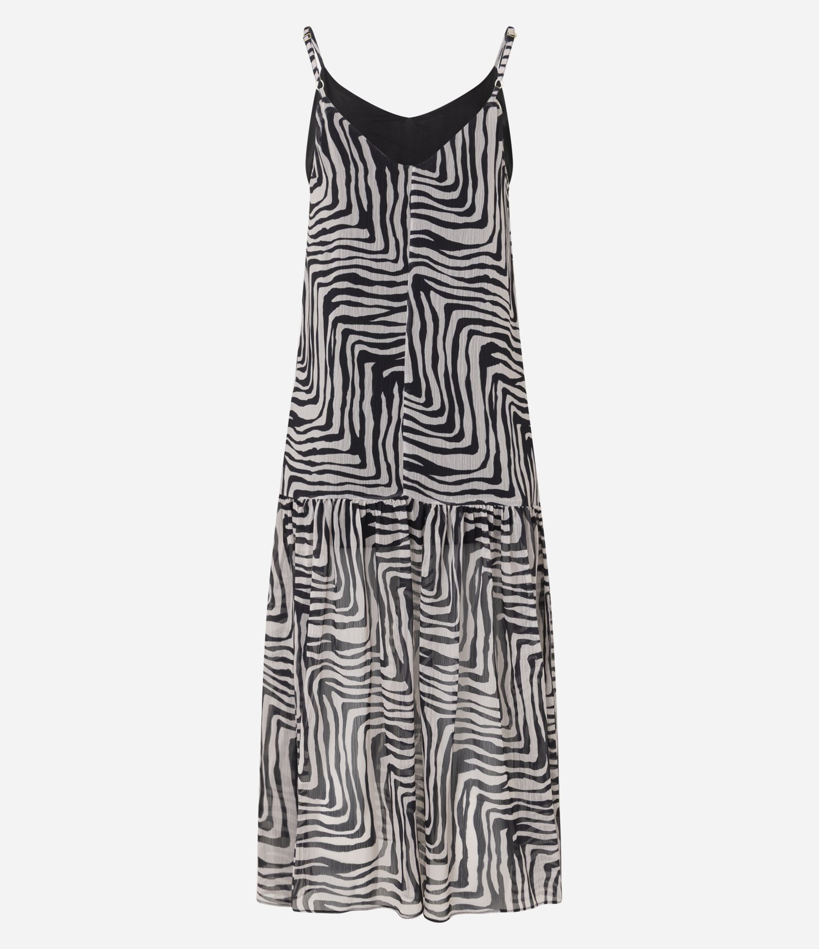 Vestido Evasê em Crepe com Alça Fina e Estampa Zebra Preto/Cinza 10