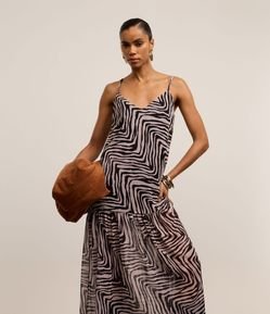 Vestido Evasê em Crepe com Alça Fina e Estampa Zebra