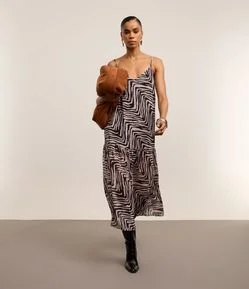 Vestido Evasê em Crepe com Alça Fina e Estampa Zebra