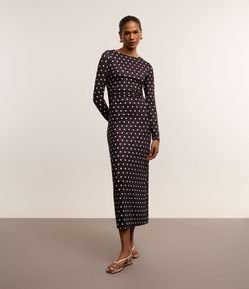 Vestido Evasê Midi em Jersey com Decote Degagê e Estampa Poá
