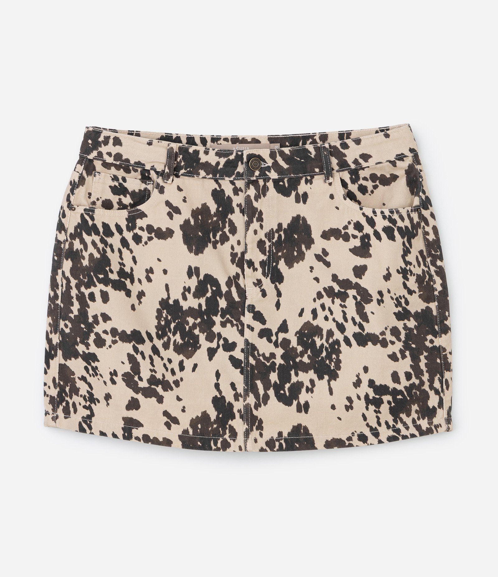 Saia Curta em Sarja com Estampa Animal Print Vaca Curve & Plus Size Bege 7