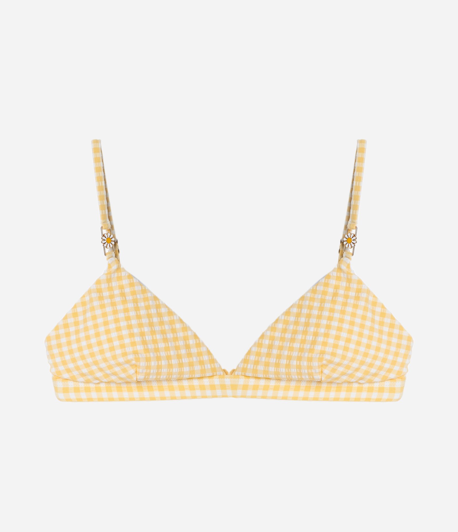Biquíni Top Triangulo Fixo em Microfibra Vichy com Margaridinha na Alça Amarelo 1