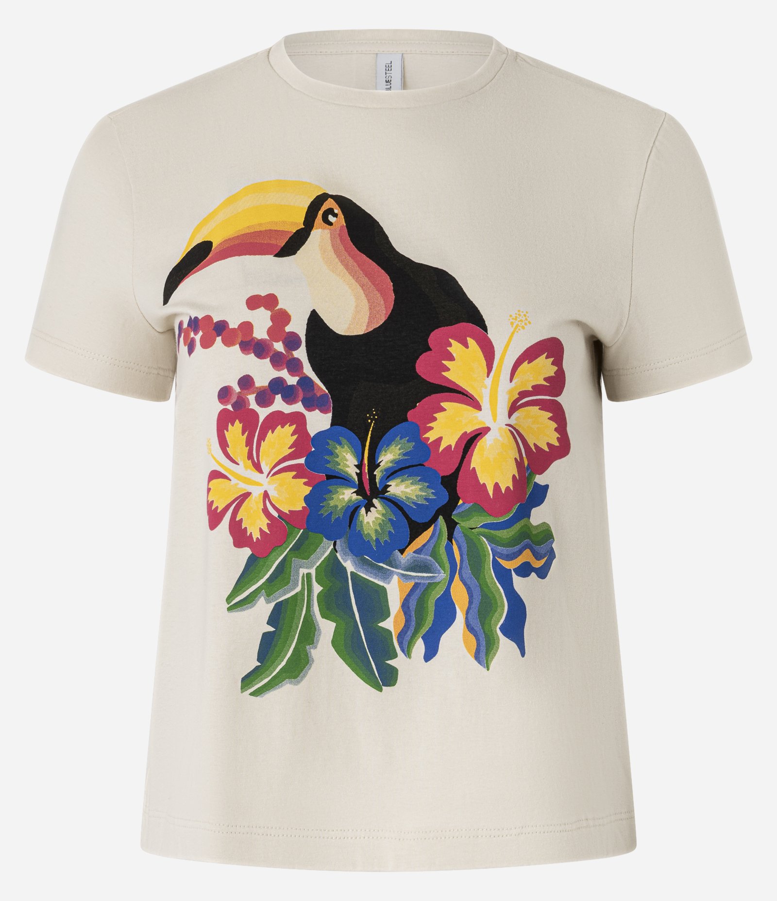 Blusa T-shirt em Algodão e Estampa Tucano com Hibiscos Bege 4