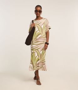 Vestido Reto Midi em Viscolycra com Estampa Folhagem
