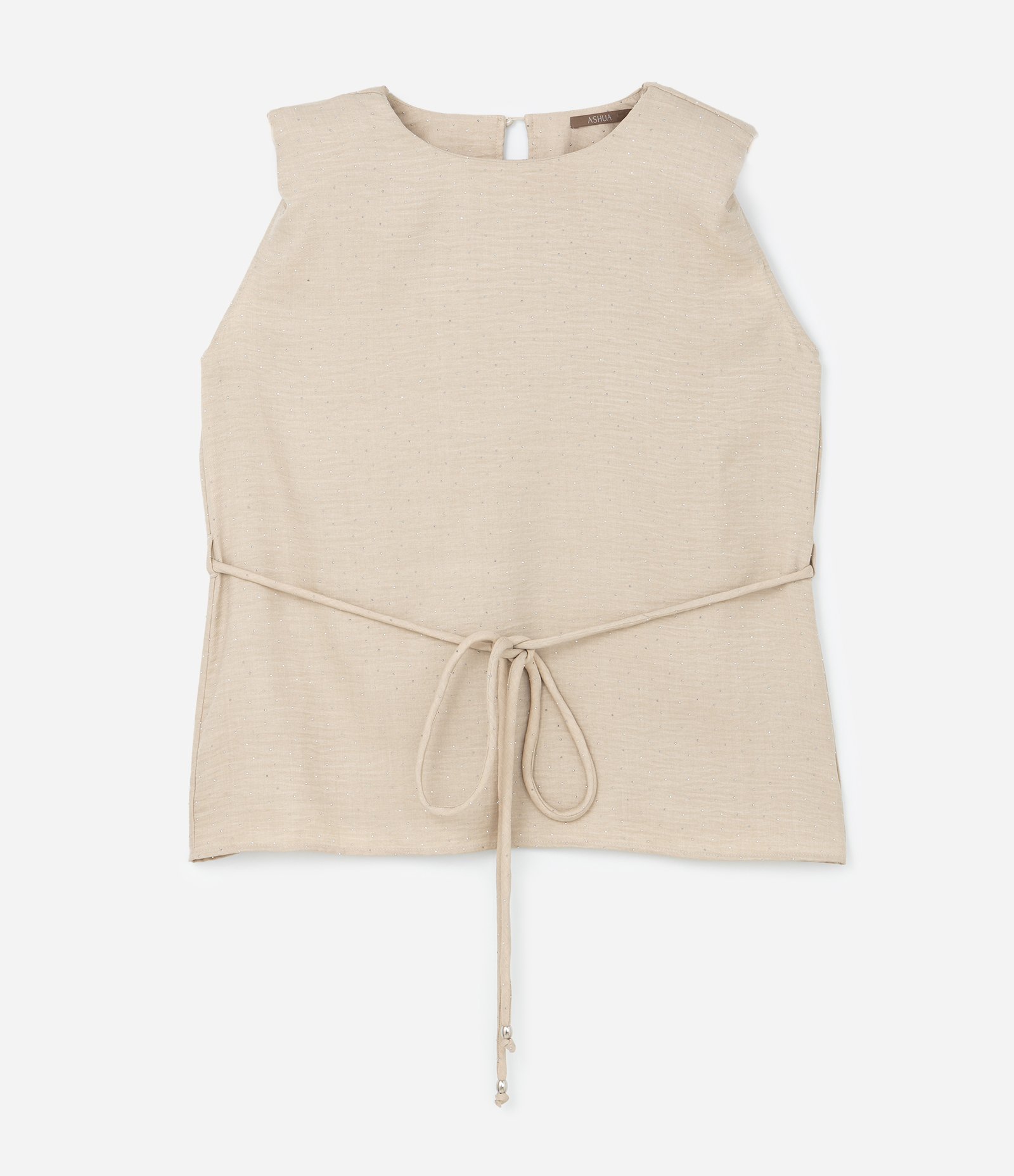 Blusa Regata Alongada em Crepe com Brilhos e Cinto de Amarração Curve & Plus Size Bege 5