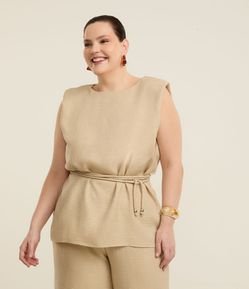 Blusa Regata Alongada em Crepe com Brilhos e Cinto de Amarração Curve & Plus Size