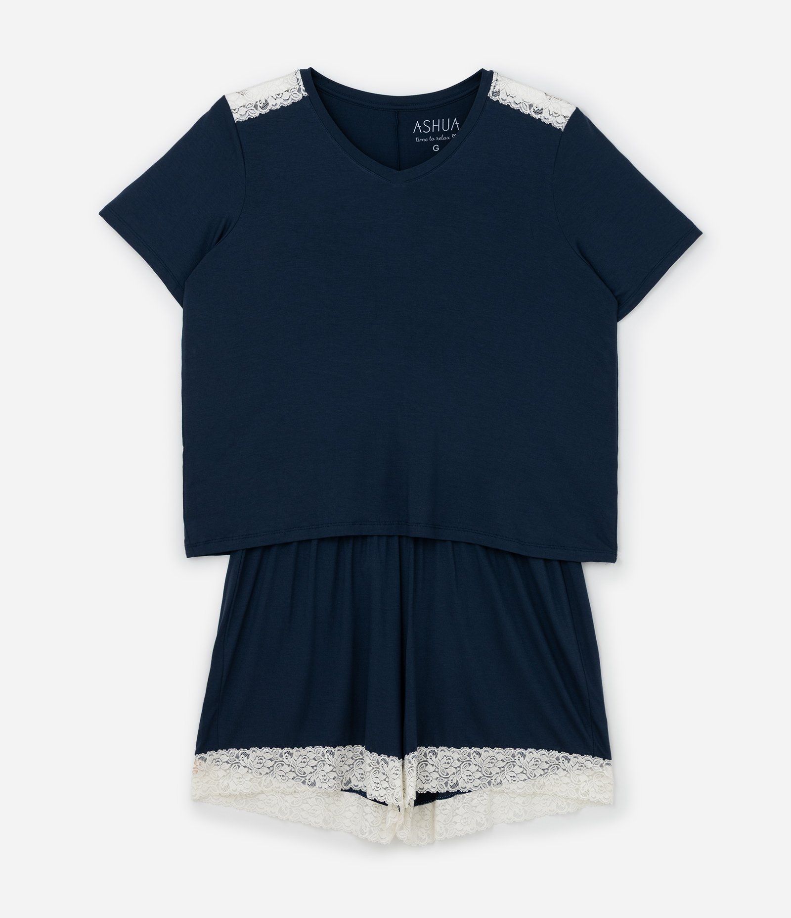 Pijama Curto em Viscolycra com Detalhe de Renda Contrastante Curve & Plus Size Azul 5