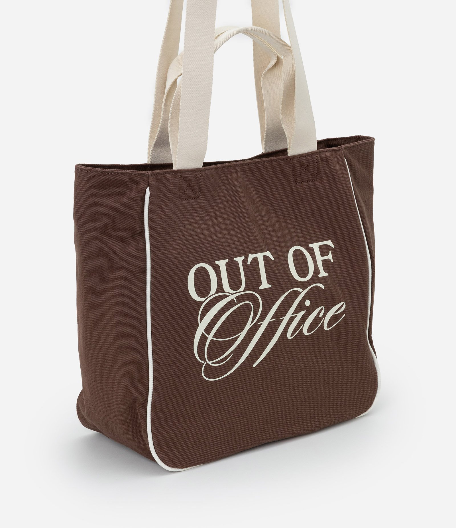 Bolsa Shopper Grande em Algodão com Estampa Lettering Out Of Office Marrom 1