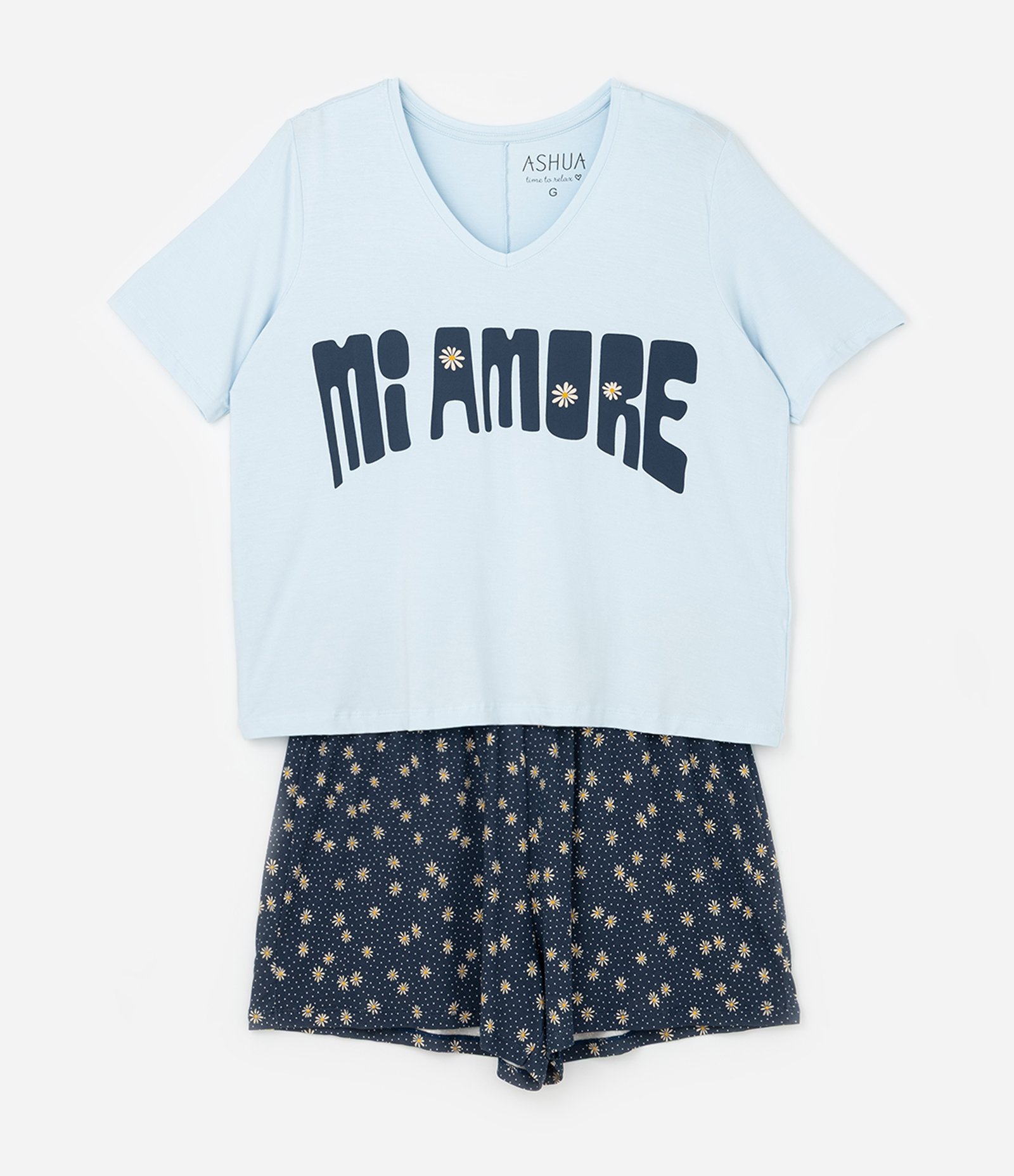 Pijama Curto em Viscolycra com Estampa Mi Amore e Short de Margaridas Curve & Plus Size Azul 5