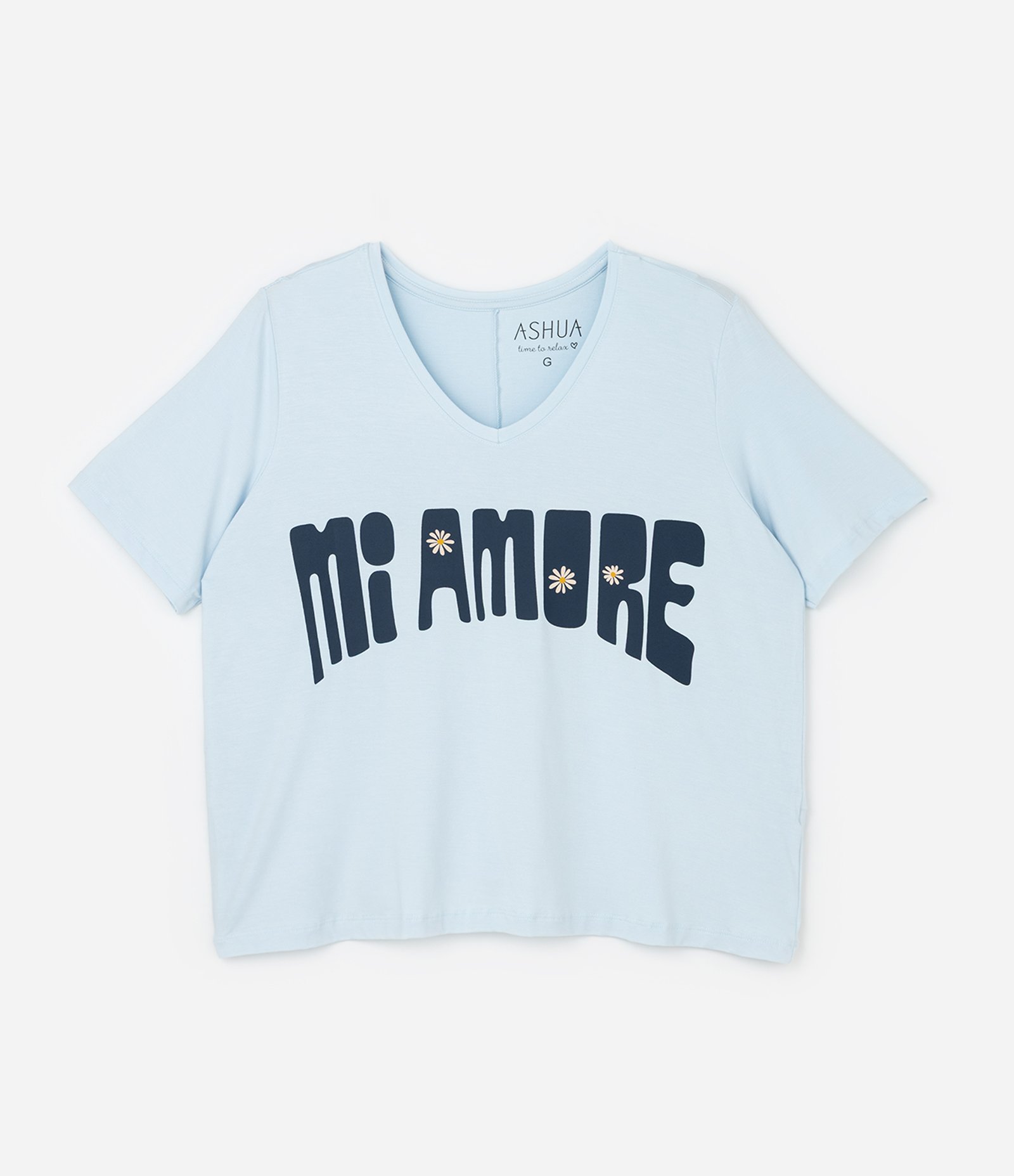 Pijama Curto em Viscolycra com Estampa Mi Amore e Short de Margaridas Curve & Plus Size Azul 10