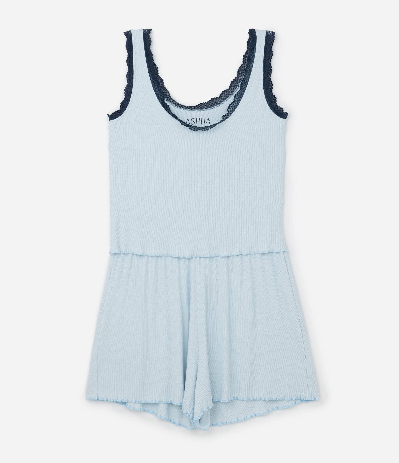 Pijama Short Doll em Ribana com Rendinha Contrastante e Barra Frufru Curve & Plus Size Azul 7