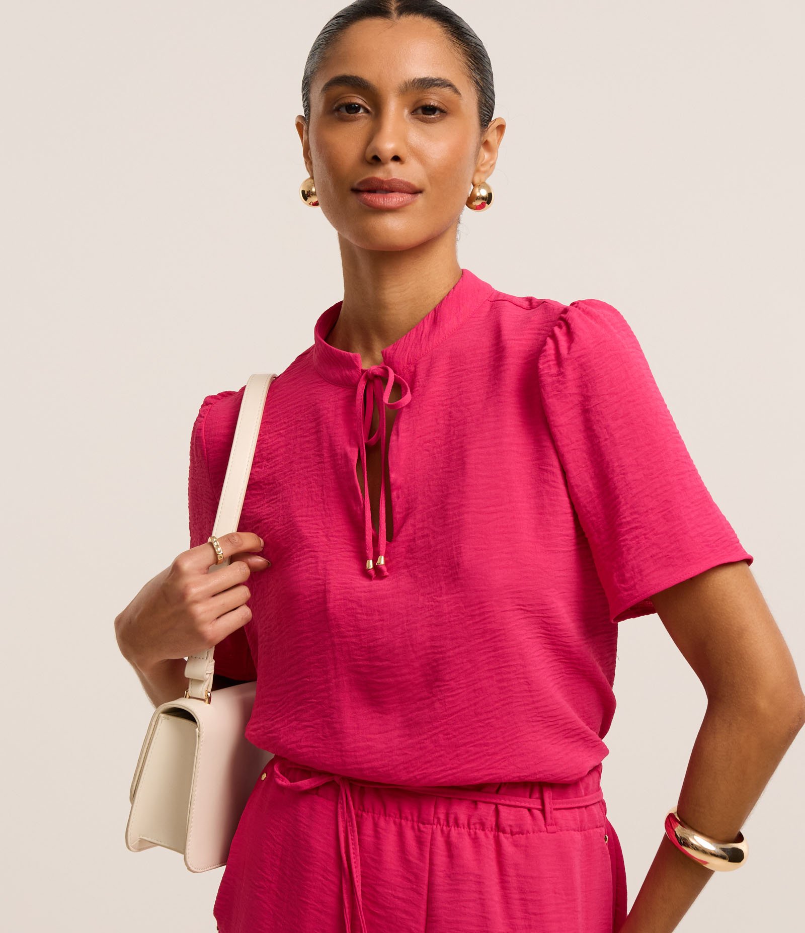 Blusa em Crepe com Amarração na Gola Padre Rosa Pink 1