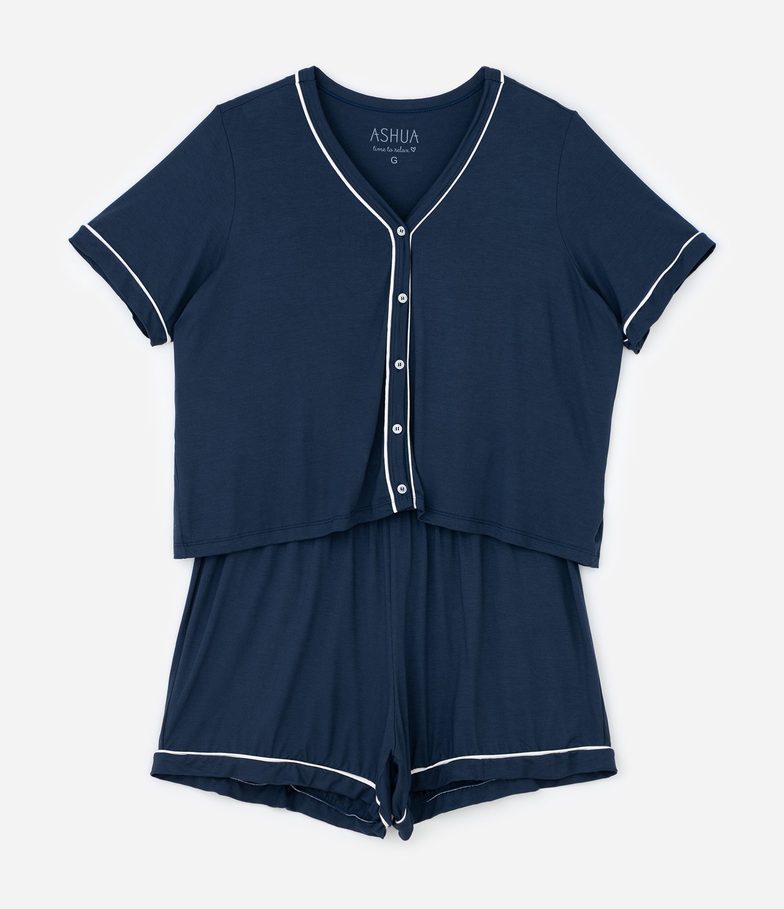 Pijama Curto em Viscolycra com Botões Frontais e Viés Contrastante Curve & Plus Size Azul 4