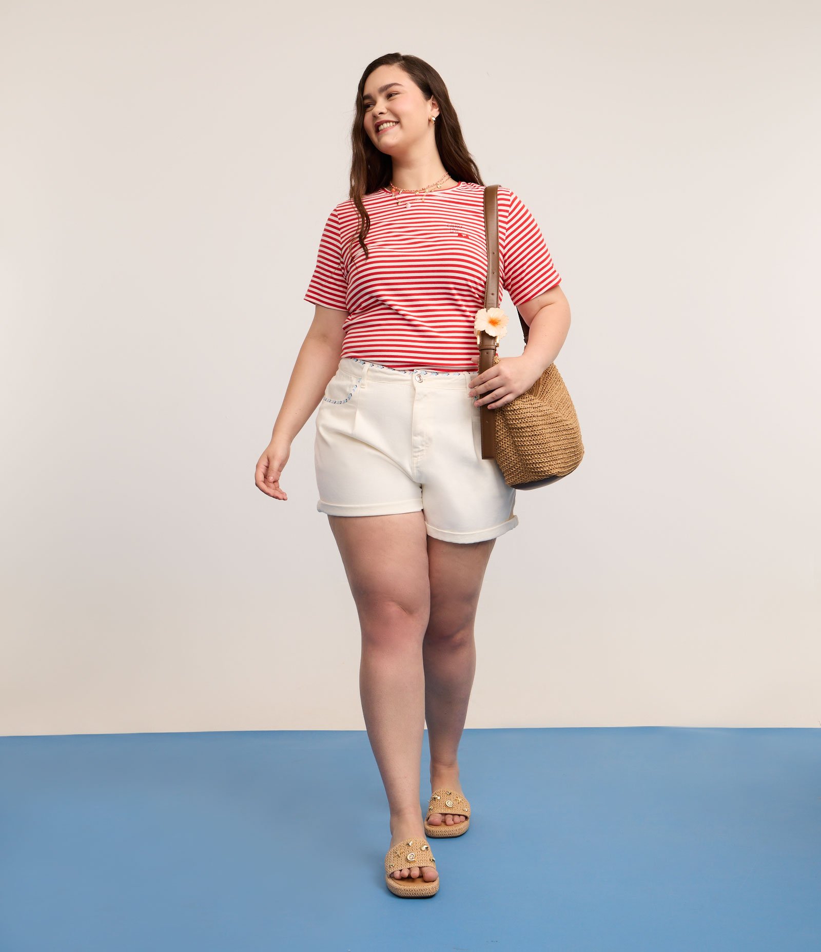 Blusa Boxy em Viscose com Estampa Listrada e Bordado de Cereja Curve & Plus Size Vermelho/Branco 3