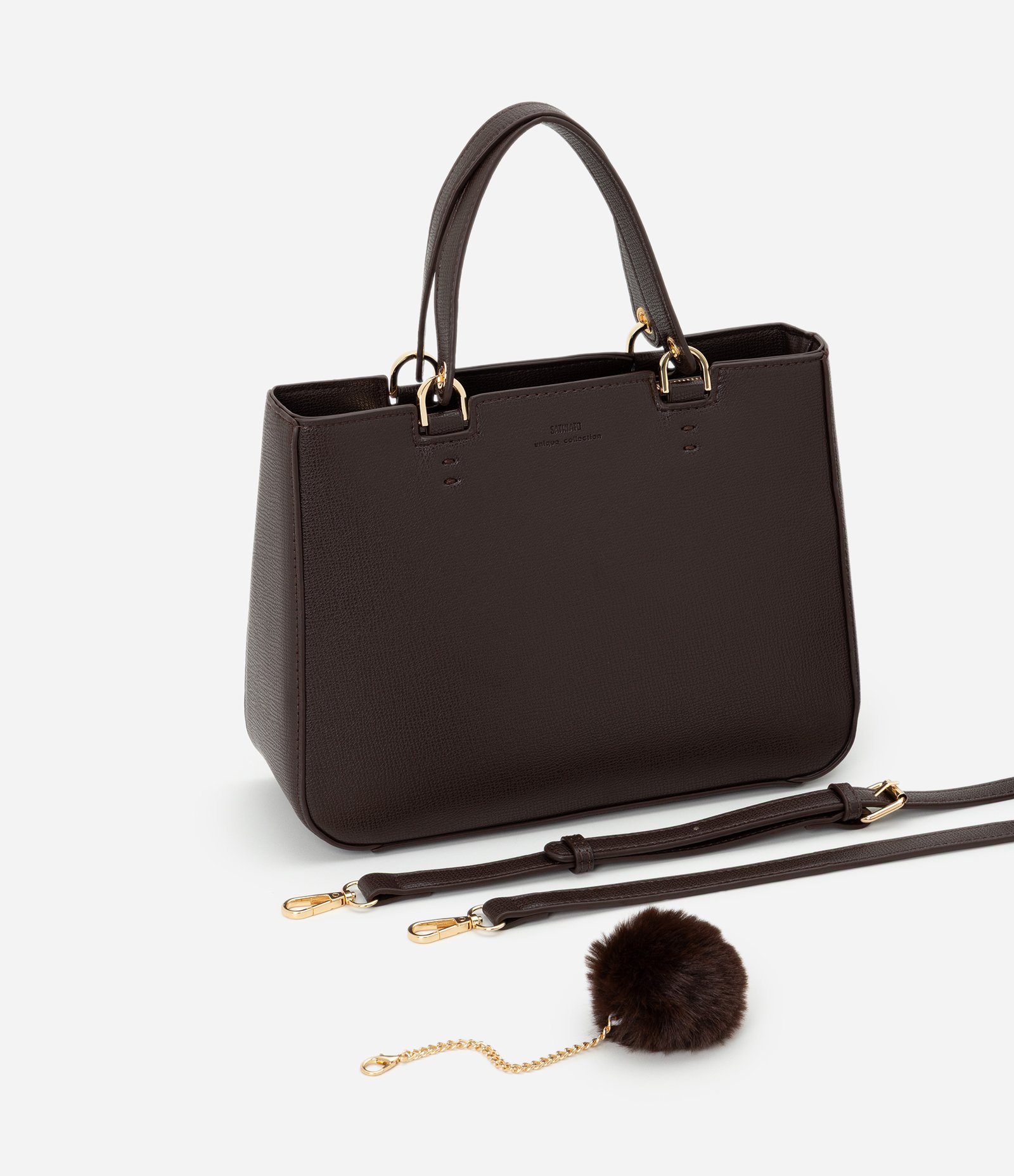 Bolsa Satchel Média com Alça Removível e Pompom Marrom 8