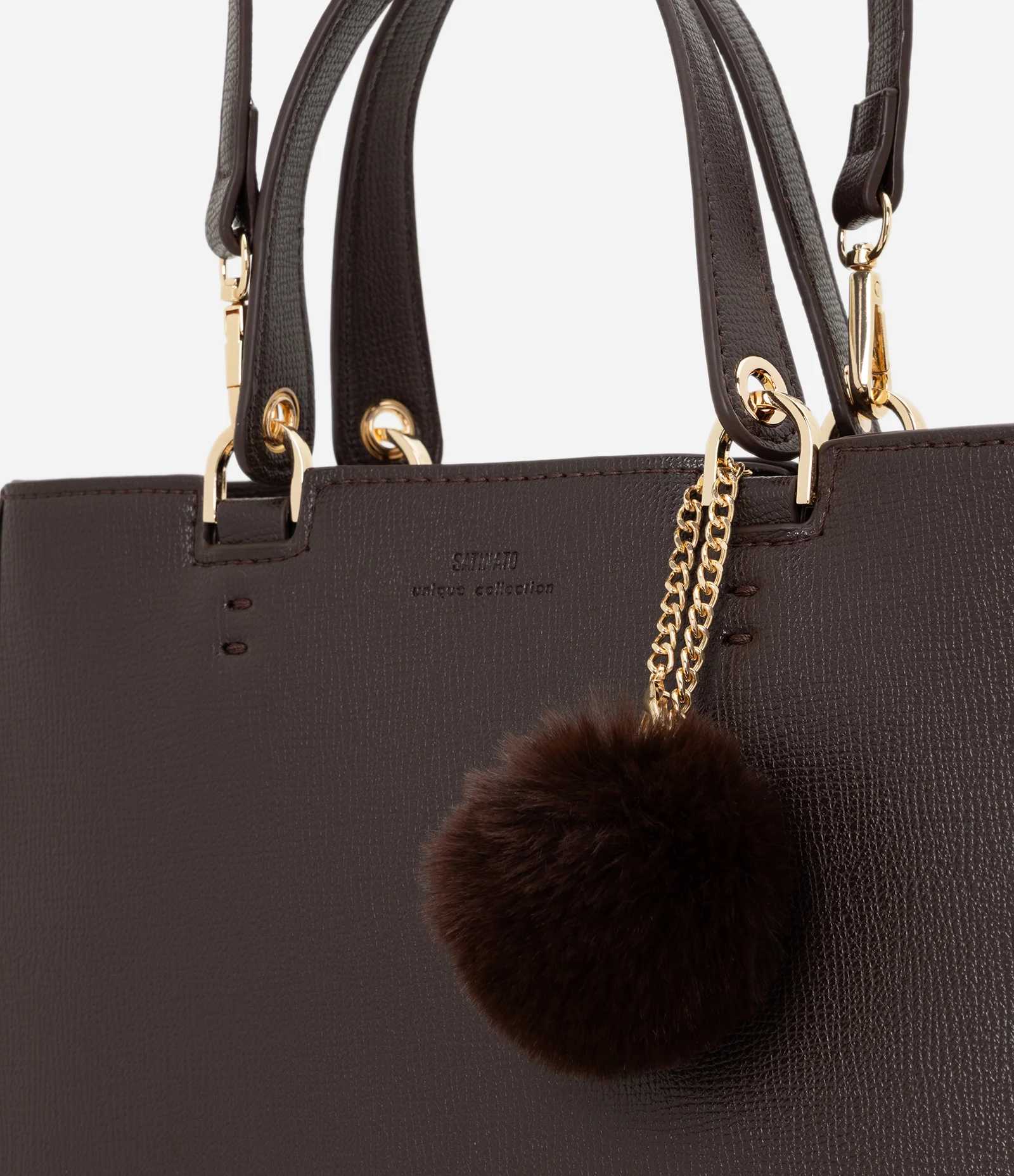 Bolsa Satchel Média com Alça Removível e Pompom Marrom 4