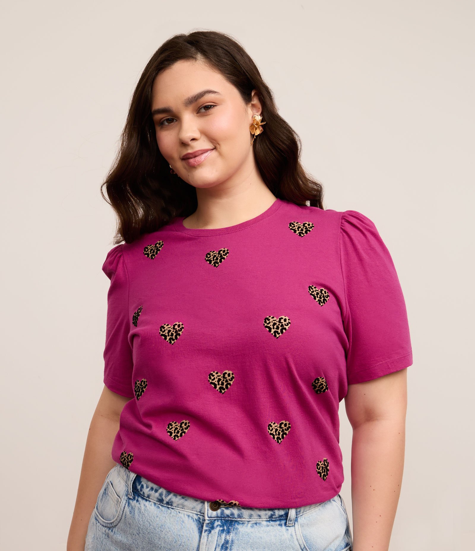 Blusa Manga Bufante e Estampa de Coração Curve & Plus Size Rosa 1