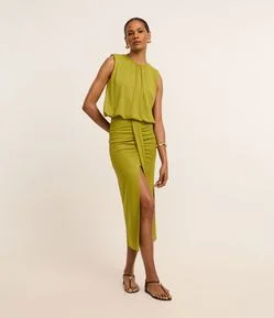 Saia Longa em Poliamida com Recorte Sobreposto e Franzidos