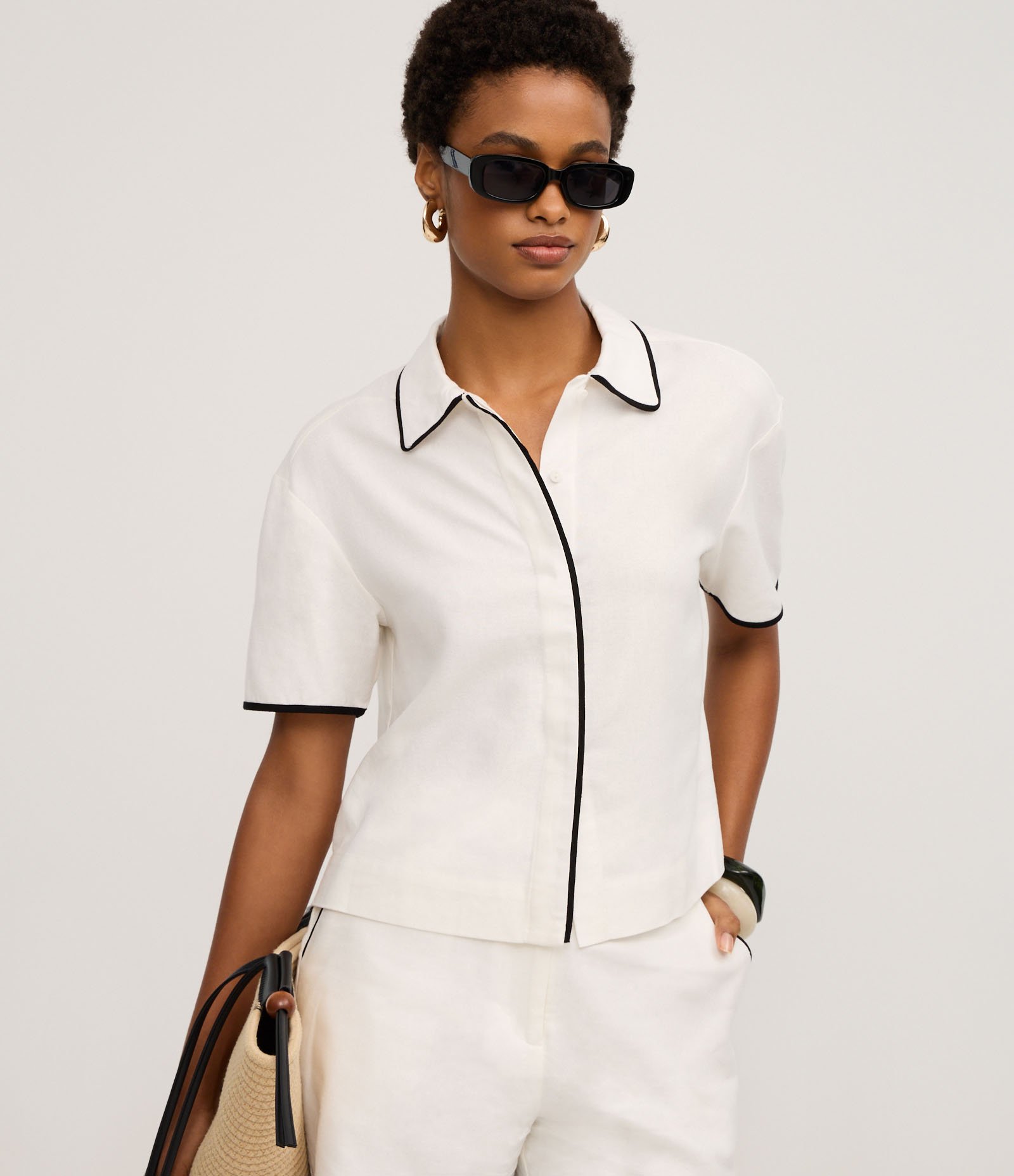 Camisa em Viscolinho com Vista Oculta e Viés Contrastante Branco 1