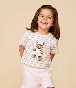 Blusa Infantil com Estampa Listrada e Ursinha  - Tam 1 a 6 Anos