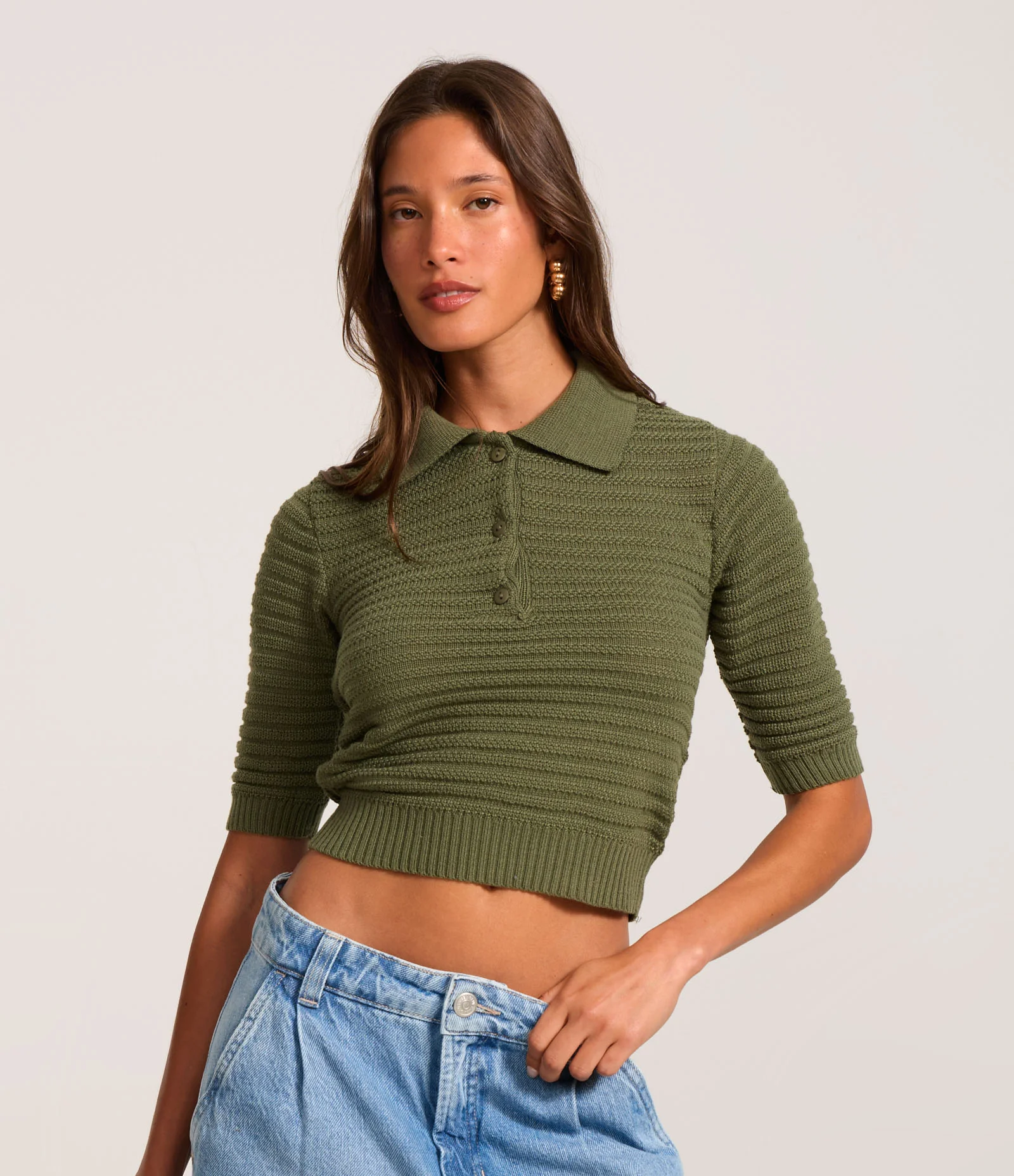 Blusa Polo em Tricô com Botão na Gola Verde 1