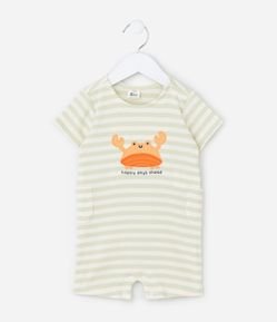 Macacão Infantil com Bordado de Caranguejo e Listras Canelado - Tam 0 a 18 Meses