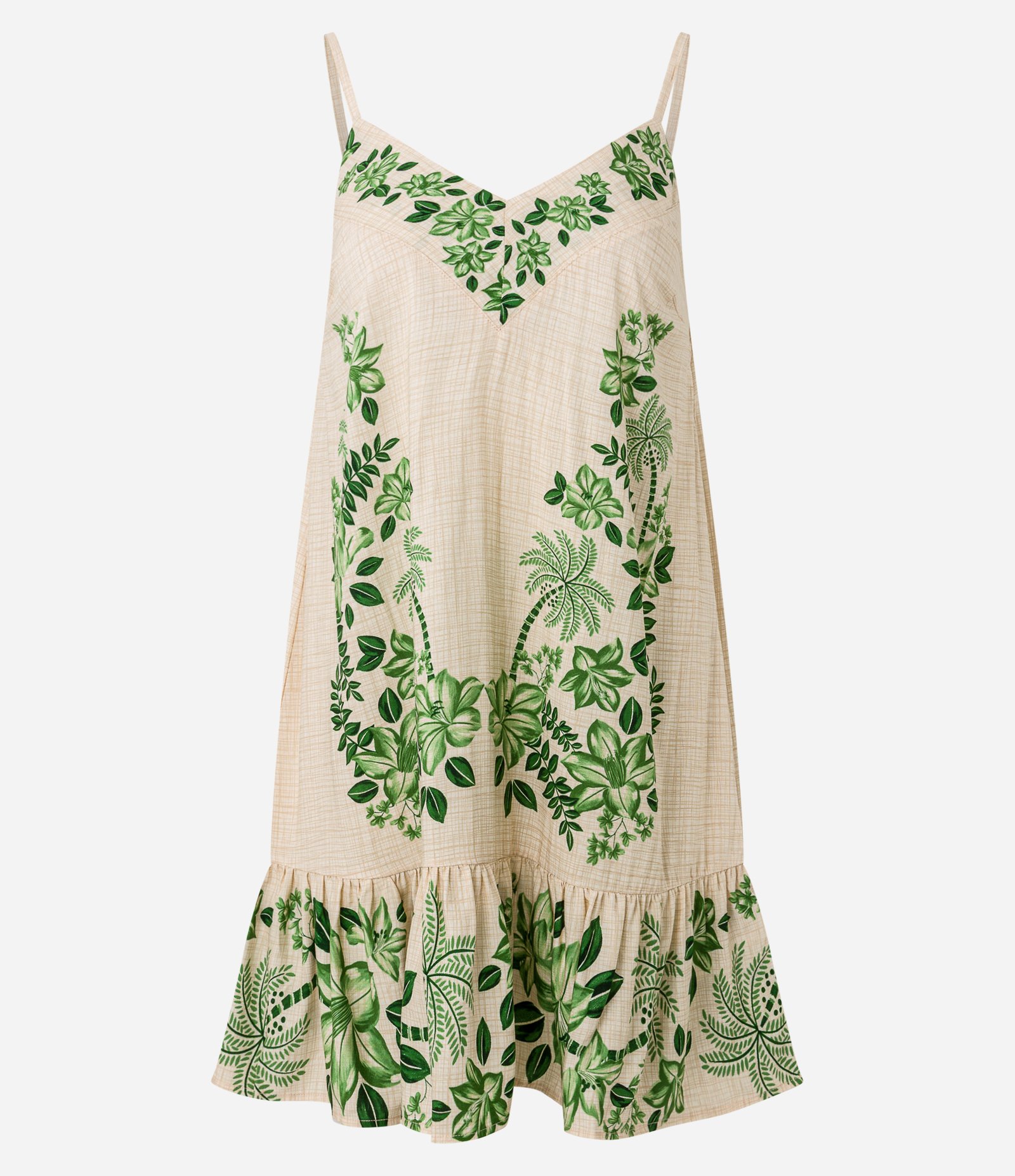 Vestido Evasê Curto em Viscose com Estampa Folhagem Bege 5