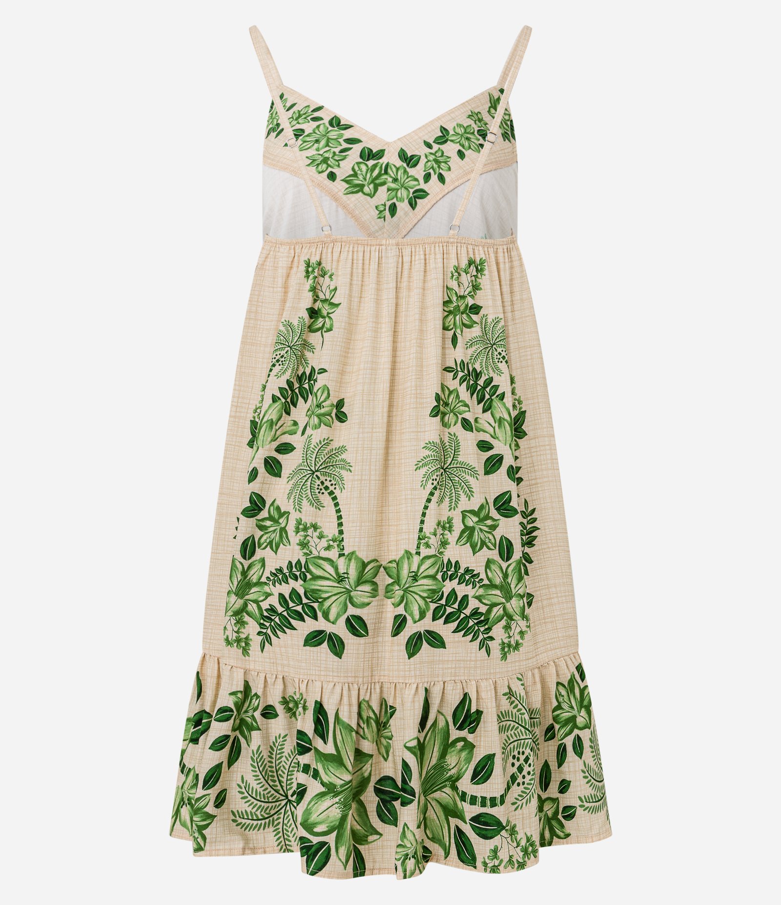 Vestido Evasê Curto em Viscose com Estampa Folhagem Bege 6