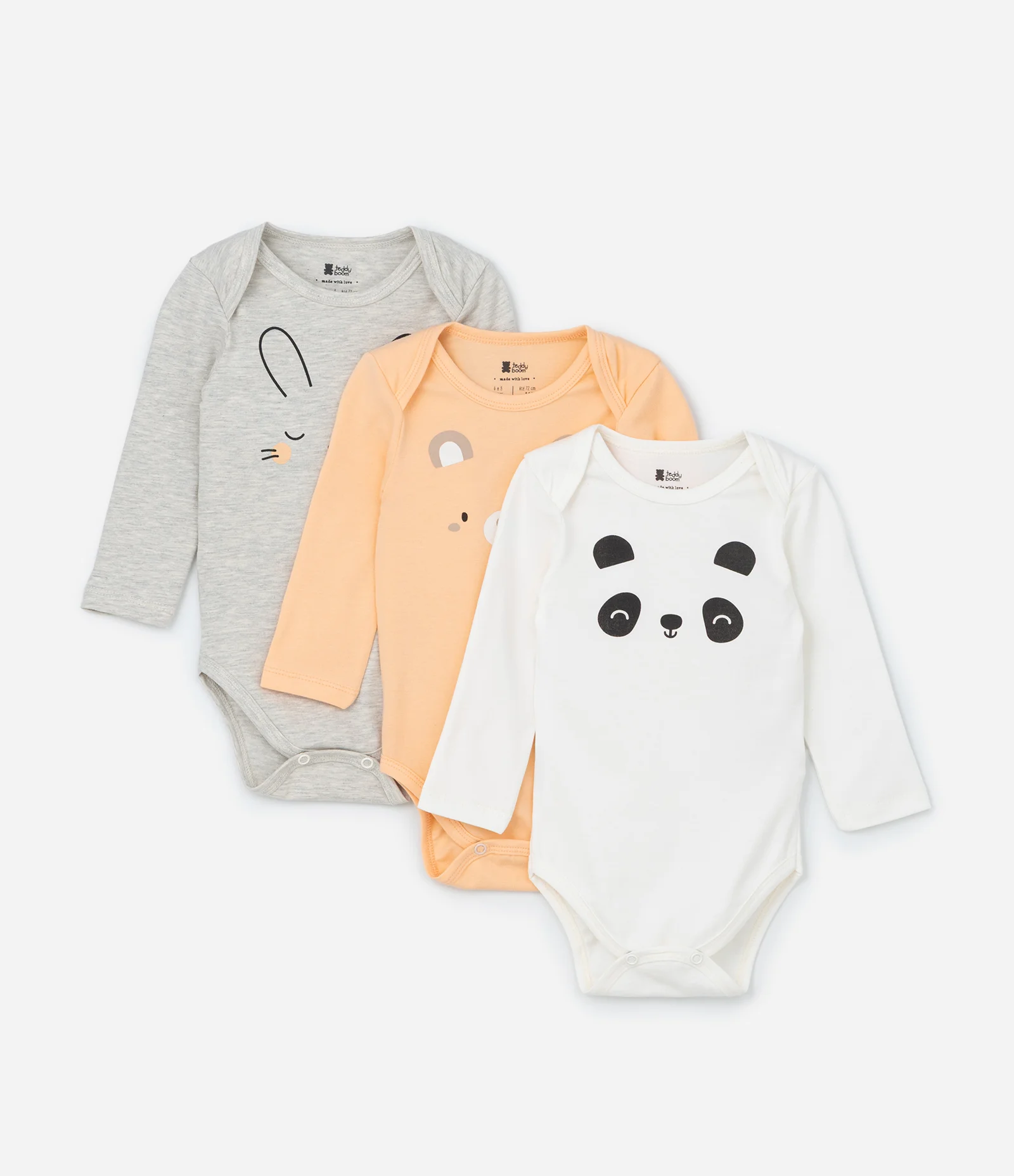Kit 03 Bodies Infantis com Estampa Carinha de Bichinhos - Tam RN a 18 meses Cinza/Laranja/Branco 1