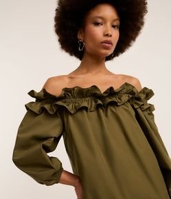 Vestido Curto em Tricoline com Babado e Decote Ombro a Ombro